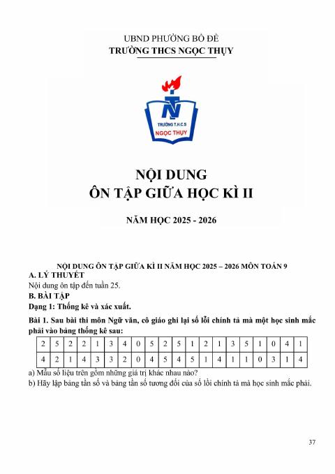 Ôn tập giữa học kì 2 Toán 9 năm 2025 – 2026 trường THCS Ngọc Thụy – Hà Nội